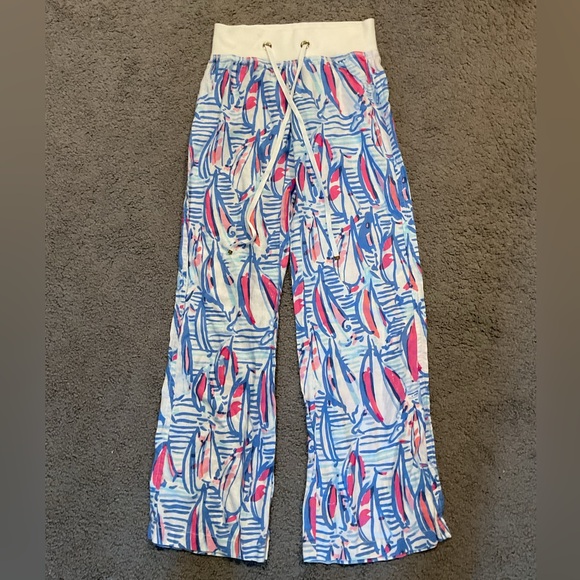 Lily Pulitzer The Beach Pants 100% Linen Blue Boats Boating Relaxed Fit sz XS - Picture 1 of 8